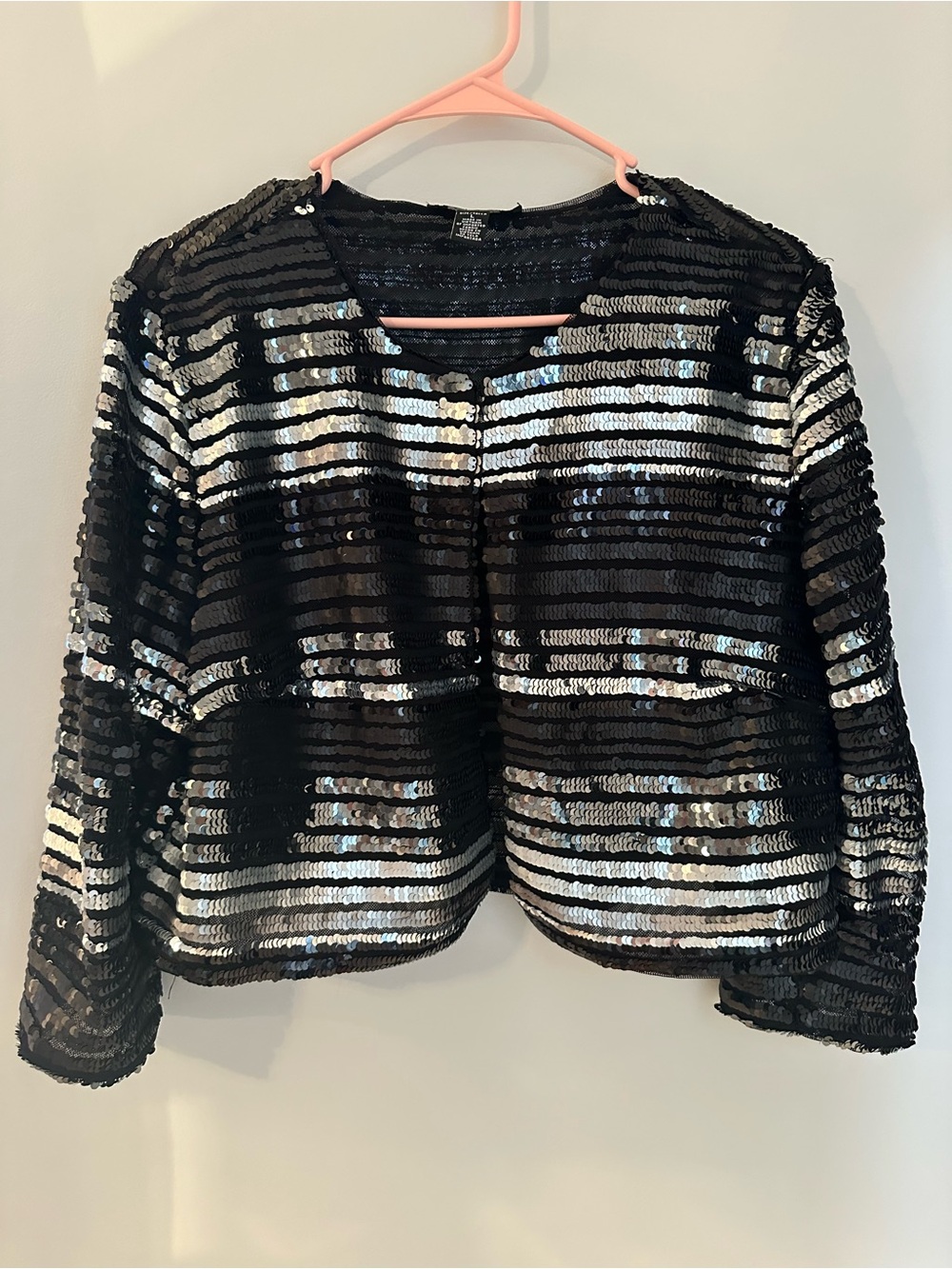 R&M Richards Sequin Jacket Womens Large Black Silver Stripe Cropped Bolero L